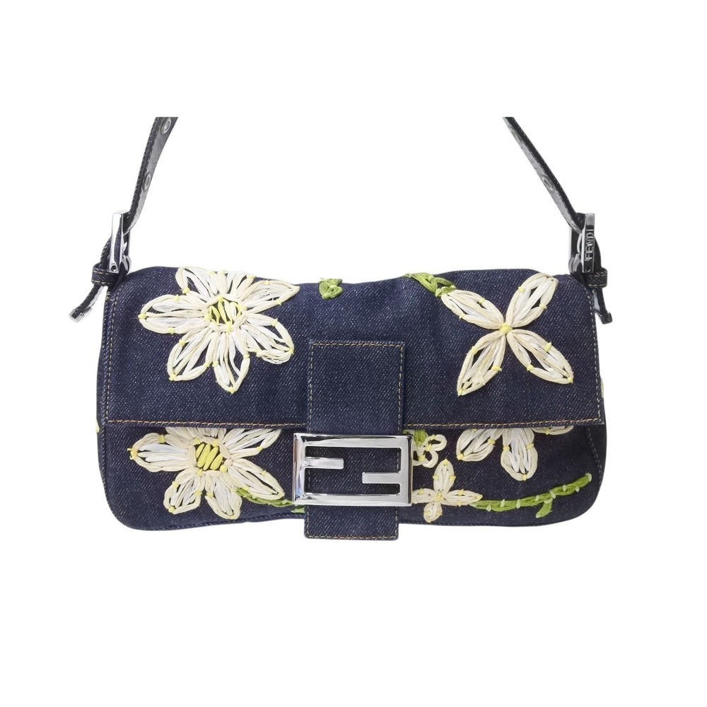 Fendi Hobo One Bag Blue Flower Bucket Embroidered Navy Shoulder Denim Mamma